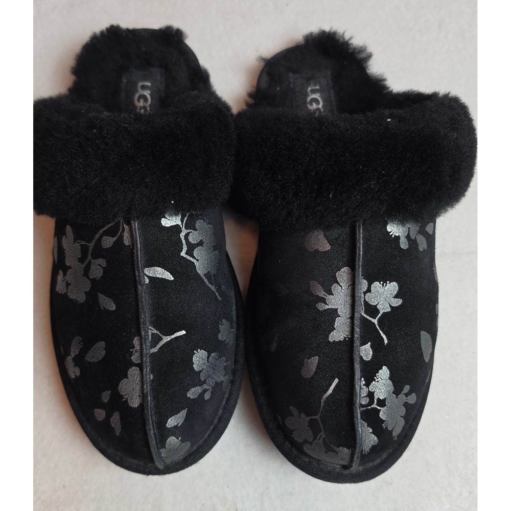 UGG Scuffette II Slippers Black Silver Metallic Floral Cherry Blossom Goth 8
